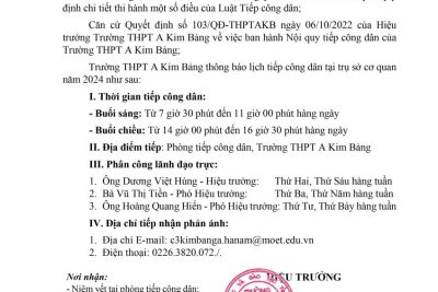 Lịch tiếp công dân năm 2024 trường THPT A Kim Bảng